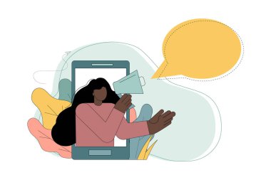 Hoparlörden reklam yapıyorum. Kadın megafona doğru konuşuyor. Pazarlama. Son haberler, bilgi kaynakları