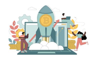 Bitcoin şifreli para birimi. Kripto para biriminin fiyatları yükseliyor. Bir roketin içindeki kripto para birimi