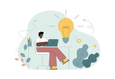 Fikir konsepti. Bir adam masaya oturur ve dizüstü bilgisayarla çalışır ve yanan bir ampulün yanında. Vektör illüstrasyonu.