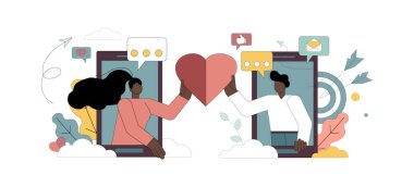 Çevrimiçi aşk. İnternetten randevulaşma. Uzun mesafeli ilişkiler. Bir adam ve bir kadın ellerinde bir kalp tutuyorlar ve aletlerden dışarı bakıyorlar.