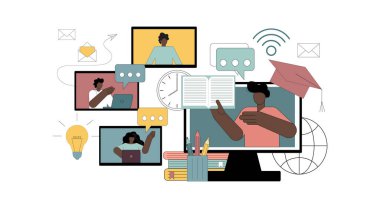 Uzaktan öğrenme, online eğitim. Beyaz arkaplanda vektör illüstrasyonu