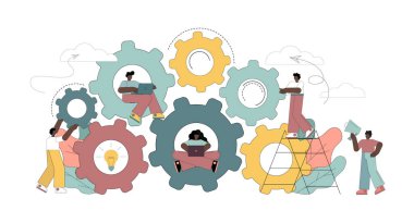 Dişliler, takım çalışması. Takımdaki insanlar dönüp vites yükseltiyor. Etkileşim, iş akışı