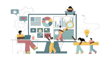  Web sitesi geliştirme, yaratma. Beyaz arkaplan üzerinde vektör düz illüstrasyon.