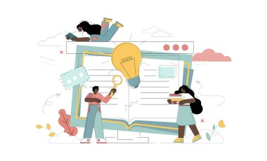 E-öğrenme kavramları. Evde eğitim var. İnsanlar kitaplarla ve aletlerle çalışır.