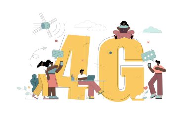 Yüksek hızlı internet kavramı. Şehir telekomünikasyon kulesinde akıllı telefonu, bilgisayarı, tableti ve telefonu olan 4G çalışanı.