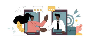 İşbirliği ve iletişim. İş sözleşmesi sonucu. Ortaklık. Cihazlı insanlar birbirlerinin elini sıkar..