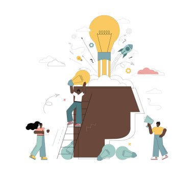 Beyin fırtınası, iş görüşlerini paylaşma, işbirliği. Küçük insanlar bir fikir düşünüyor.