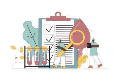 Kan konsepti. Doktorların adamları kanı inceliyor ve inceliyor. Hastalıkların teşhisi. Kan analizi. Bağış