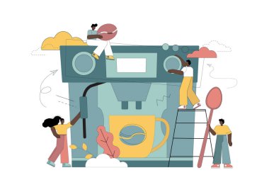 Kahve konsepti. Kahve severler. Baristalar kahve makinesiyle kahve hazırlarlar.