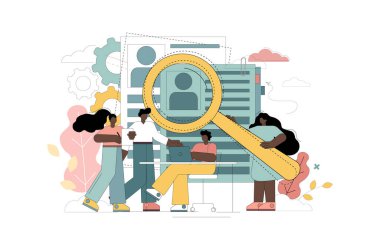 İnsan Kaynakları. Kelle avcısı servisi. Erkek ve kadın ofis çalışanları iş başvuruları listesinin önünde duruyorlar