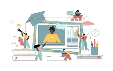 Evde online öğrenme, e-öğrenme konsepti. Düz insanlar internet ve diğer modern cihazları kullanarak uzaktan eğitim görürler.