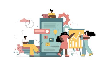 İnsanlar takım çalışmasıyla iş yapıyor. Beyaz arkaplan üzerinde vektör düz illüstrasyon