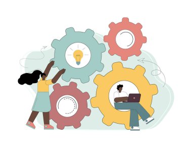 Takım çalışması konsepti. Bir dişlinin dönüşü, dişliler. Çalışma akışı yönetimi