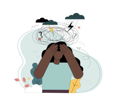 Stres yüzünden. Travma sonrası sendromu. Keder. Kaybetmenin acısı. Bir kadın elleriyle başını tutar ve heyecan ve endişe hisseder.