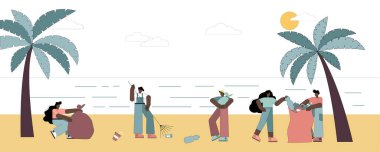 Plaj Temizleme Vektörü İllüstrasyonu. Plajda yaz temizliği..