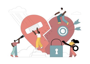 Kırık kalp. Küçük insanlar kırık bir kalbi onarır, dikiş atar, bandaj yapıştırırlar. Vektör düz resimleme