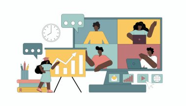 Konsept öğretmeni çevrimiçi bir ders veriyor. Küçük insanlar aletleri ve interneti kullanarak öğreniyor. Vektör düz resimleme