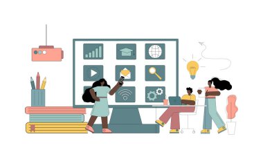 Dijital sınıf. Cihazları, modern teknolojileri ve interneti kullanarak öğrenmek. Vektör düz resimleme