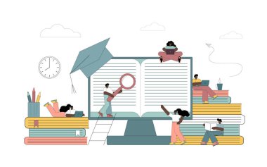 E-öğrenim, evde online eğitim. Küçük insanlar okuyor, kendini eğitiyor, kitap okuyor, elektronik kütüphaneyi ziyaret ediyor. Beyaz arkaplanda vektör illüstrasyonu.