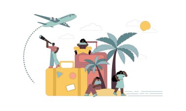 Uçuş ertelendi, uçuş iptal edildi, bir adada mahsur kaldı, gemi enkazı, kayıp, bir yol arayışı, yabancı bir ülke. Düz vektör illüstrasyonu