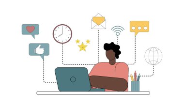 Adam dizüstü bilgisayarının başında oturuyor ve arkasında simgeler var.