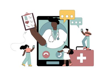 Online doktor konsepti. İnsanlar danışmanlık alıyor, doktorlardan aletler ve internet kullanarak tedavi yöntemleri alıyorlar. Vektör illüstrasyon düzlüğü
