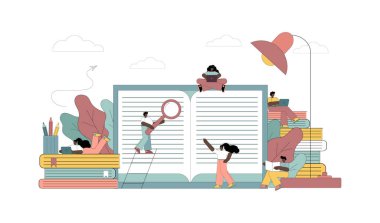 Kitap okumak, edebiyat. İnsanlar kendi kendilerini eğitiyorlar, bilgi alıyorlar. Vektör düz resimleme