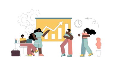  Takım düşüncesi ve beyin fırtınası. İnsanlar plan yapar, verileri analiz eder, birlikte çalışırlar. Vektör düz resimleme.