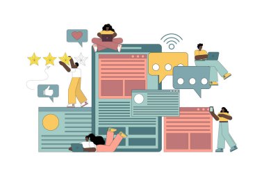  Sosyal medya, sanal iletişim. Erkekler ve kadınlar internet ve cihazlar kullanarak iletişim kurar ve bilgi alırlar..