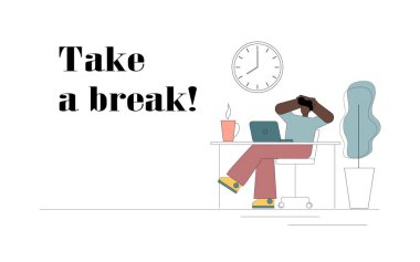 Adam iş bittikten sonra masada oturuyor ve dinleniyor. Vektör düz resimleme.