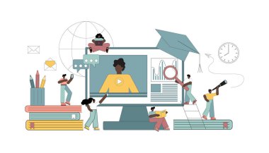 Evde online eğitim, e-öğrenme kavramları. Vektör düz resimleme.