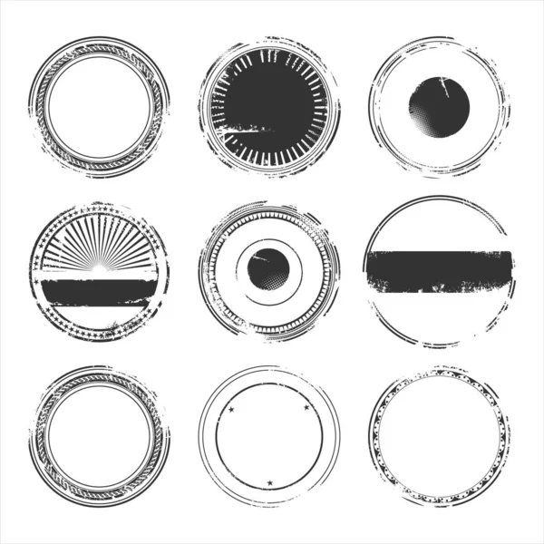 Колекція Чорних Круглих Марок Гранжевих Чорнильних Гумових Етикеток Ізольовані Білому — стоковий вектор
