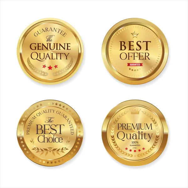 Collection Premium Quality Polished Gold Metal Badges White Background — Stock Vector