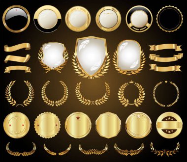Collection of golden badges labels laurel wreaths and shield vector illustration 
