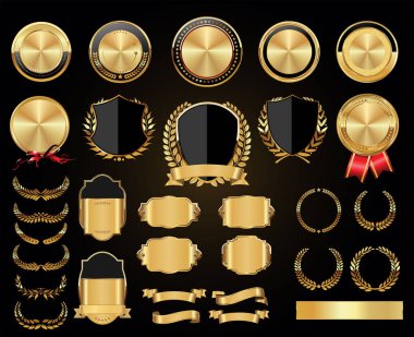 Antika altın rozetler etiketler, kurdeleler ve kalkanlar.