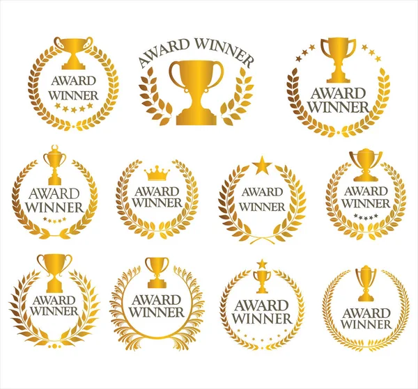 Prêmio Vencedor Coleção Emblema Ouro Laurel Grinalda Texto Preto —  Vetores de Stock