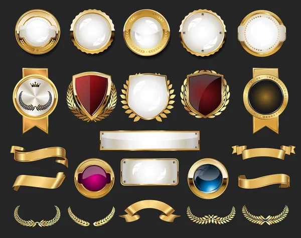 Colección Insignias Etiquetas Oro Primera Calidad Retro Vintage — Vector de stock