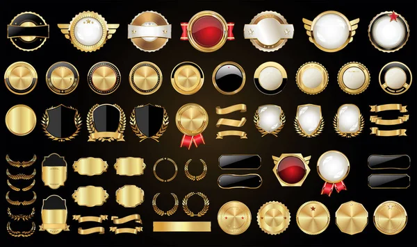 Mega Collection Retro Vintage Golden Badges Labels Ribbons Shields — Stock Vector