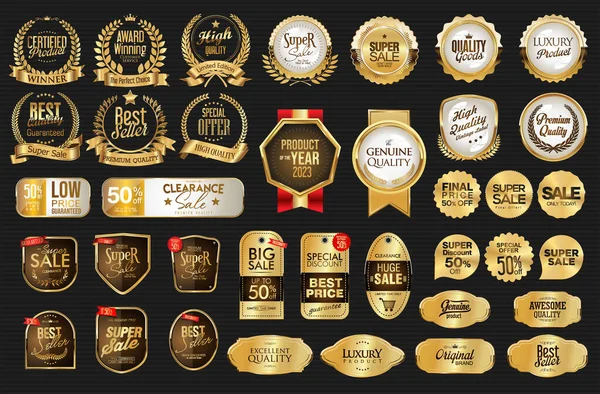 Golden Retro Sale Laurel Wreaths Badges Labels Vector Collection — Stock Vector