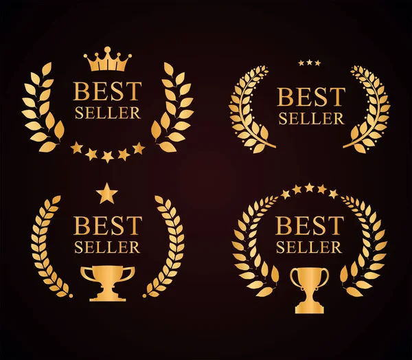 Premio Best Seller Emblema Collezione Corona Alloro Oro — Vettoriale Stock