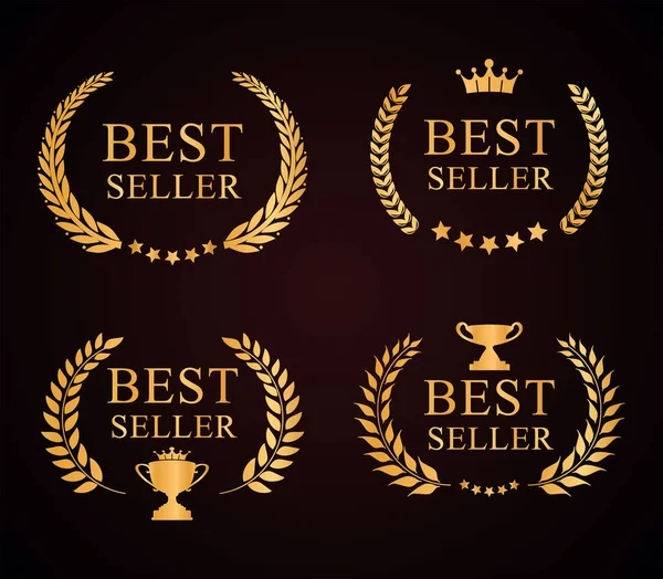 Ocenění Bestseller Emblém Kolekce Zlatého Vavřínu Věnec — Stockový vektor