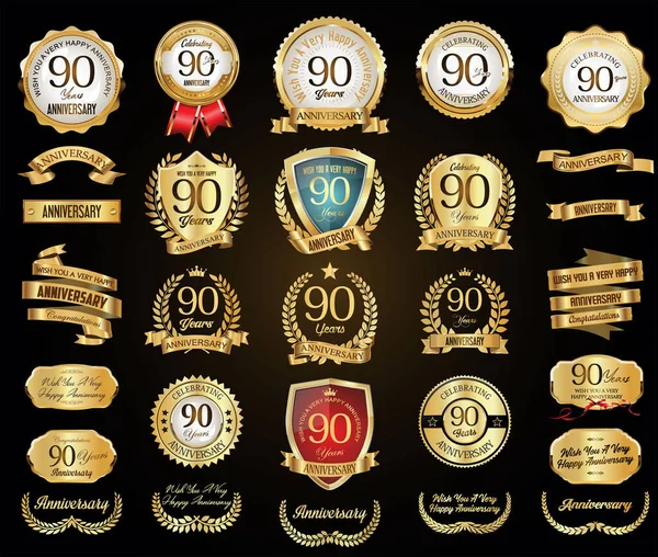 Kolekce Jubilejních Zlatých Věnec Odznaky Etikety Vektorové Ilustrace — Stockový vektor