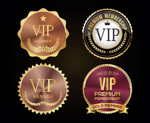 Golden Badge Vip Premium Member Design Isolated Black Background — ストックベクタ