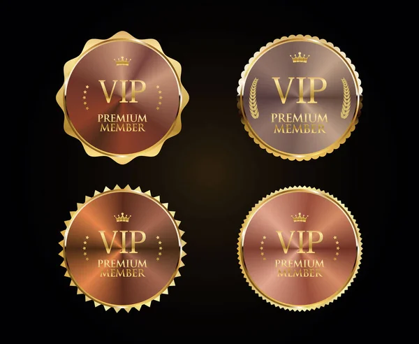 Goldenes Abzeichen Vip Premium Member Design Isoliert Auf Schwarzem Hintergrund — Stockvektor