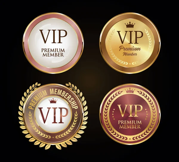 Golden Badge Vip Premium Member Design Isolated Black Background — Vector de stock