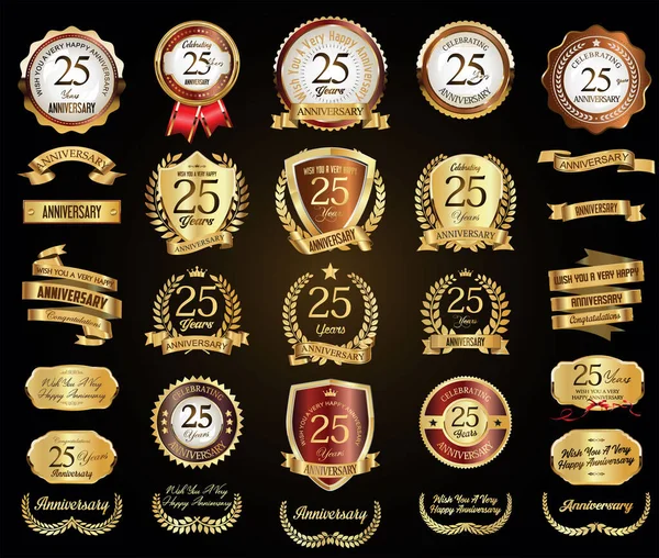 Colección Insignia Aniversario Oro Etiquetas Vector Ilustración — Vector de stock