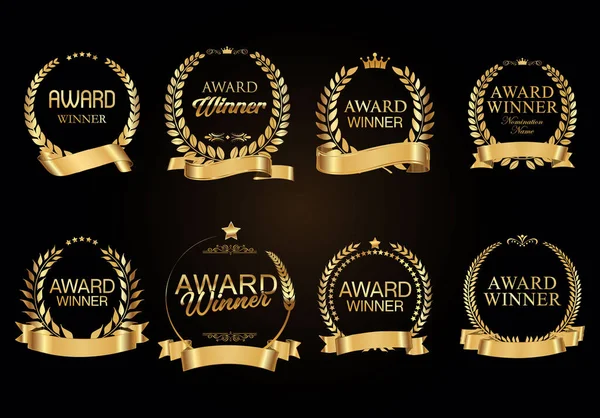 Gouden Laurierkrans Met Gouden Lint Vector Award Winnaar Collectie — Stockvector