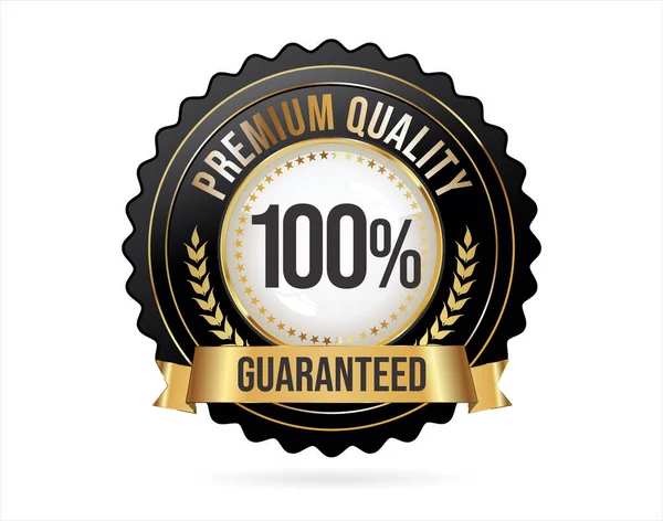 100 Percent Premium Quality Badge Gold Ribbon Black Background — Stock Vector