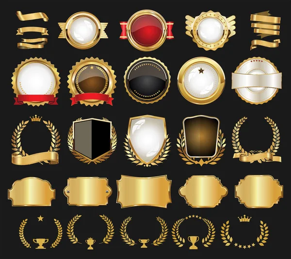 Retro Vintage Gouden Badges Etiketten Schilden Linten Design Elementen — Stockvector