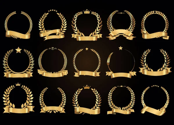 Коллекция Золотого Лаврового Венка Векторной Иллюстрацией Золотых Лент — стоковый вектор